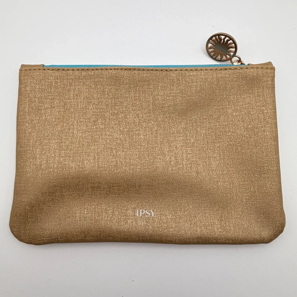 IPSY Gold Metallic‎ Pouch Stay Golden Sun Charm Zipper Cosmetic Bag Makeup